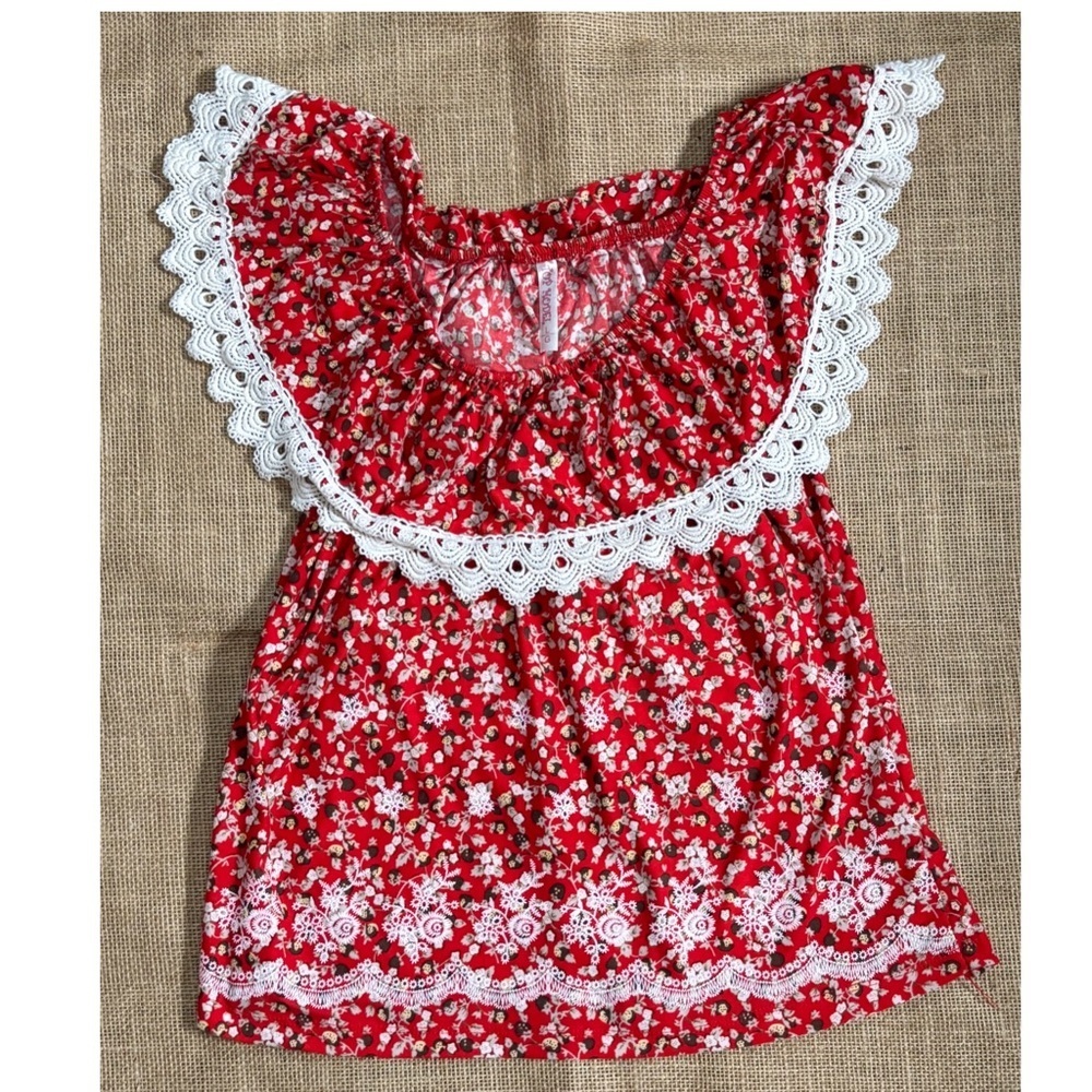 Red Floral Shirt Small Medium Lace Ruffle Tier Trim Folk Peasant Cottage Core
